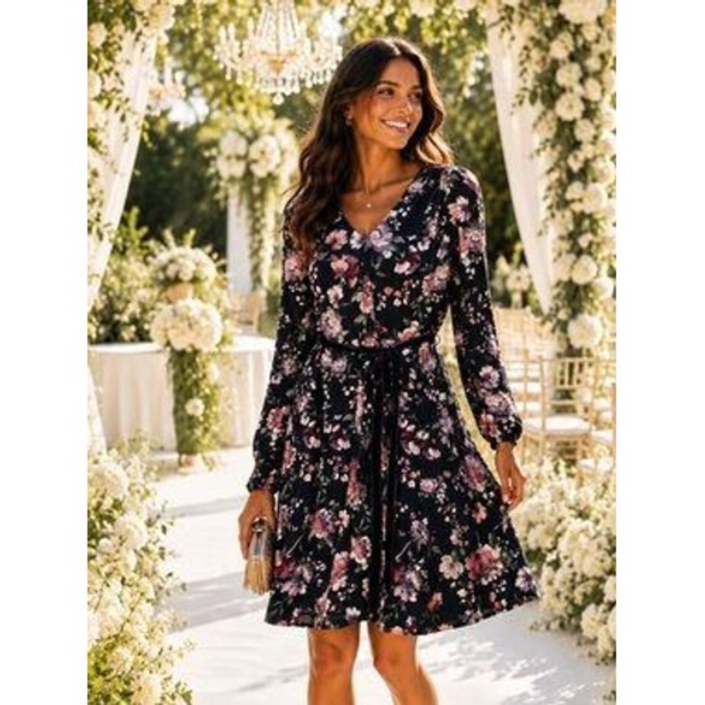 Gal Meets Glam Black Rosalind Floral Long Sleeve Fit & Flare Mini Dress Size 0